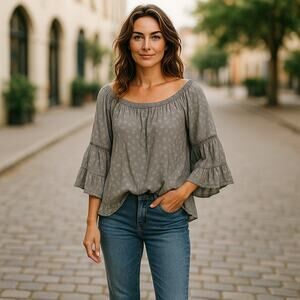 Standard‎ Grace Women's Off Shoulder Peasant Boho Top Gray Raw Edges XL Lyocell